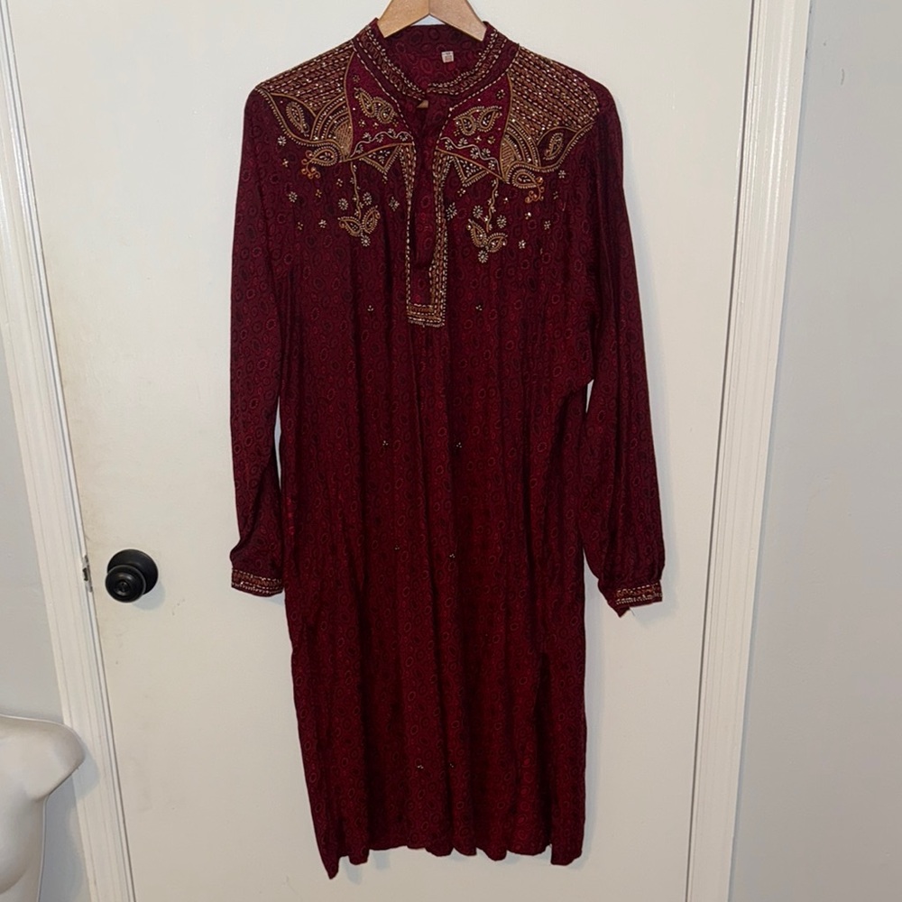 Elegant Burgundy Embroidered Men’s long tunic shirt